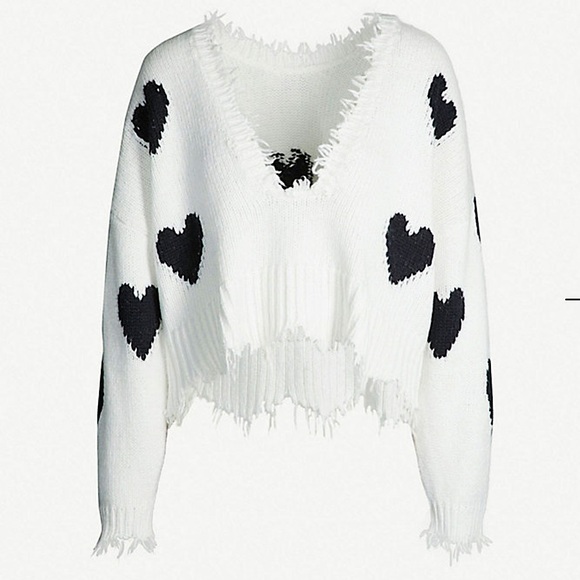 NWT WILDFOX white black heart distressed sweater - Picture 1 of 7